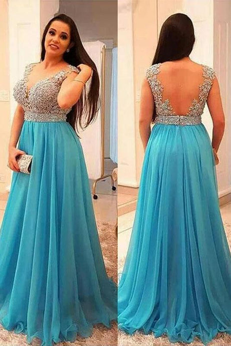 Open Back Tulle Floor-Length Plus Size Prom Dresses with Appliques Lace