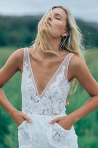 Lace V-neck Sweep Train Boho Wedding Dress