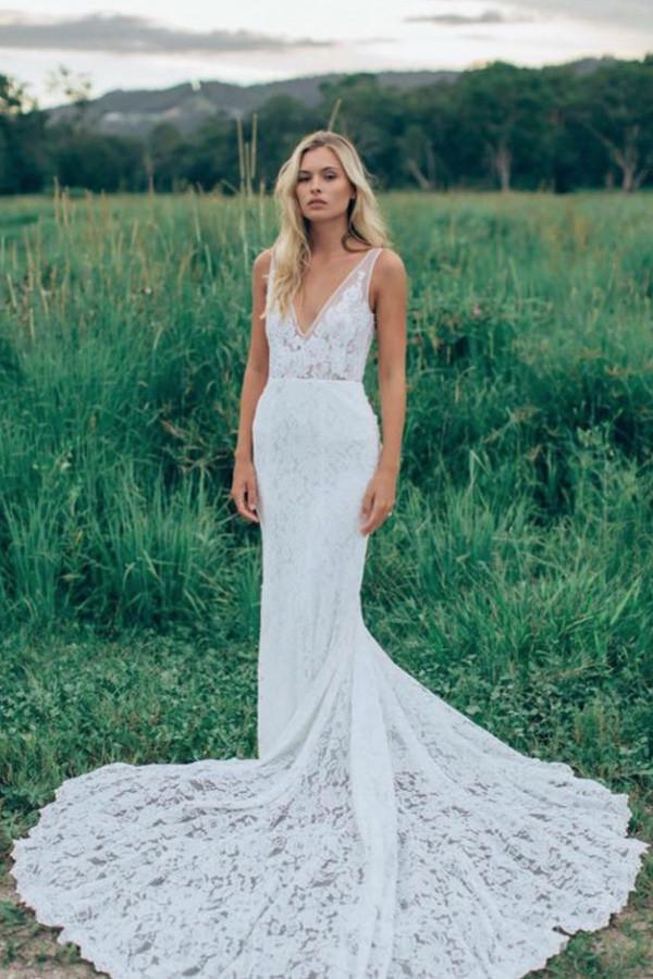 Lace V-neck Sweep Train Boho Wedding Dress