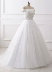 A-Line/Princess Tulle Off-the-Shoulder Appliques Lace Wedding Dresses