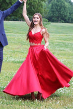 Lace A-Line/Princess V-neck Red Satin Prom Dresses