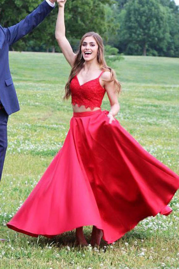 Lace A-Line/Princess V-neck Red Satin Prom Dresses