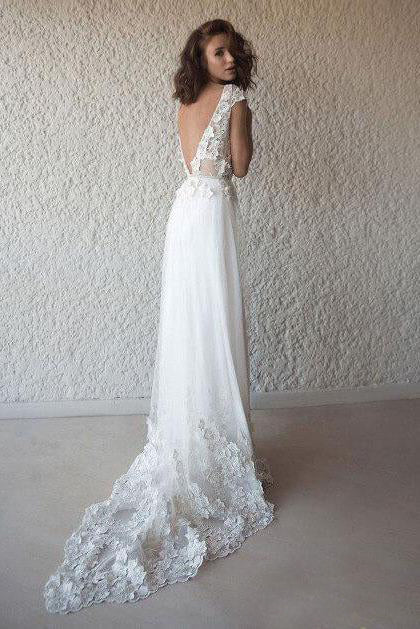 Boho Low-Back Chiffon A-Line Wedding Dress with Lace Appliques
