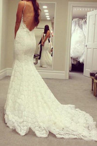 Spaghetti Straps Sweetheart Lace Sweep Train Wedding Dresses