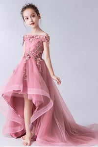 Off-the-Shoulder Appliques Lace Asymmetrical Flower Girl Dresses