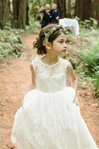 Scoop Neck Lace Long Flower Girl Dresses