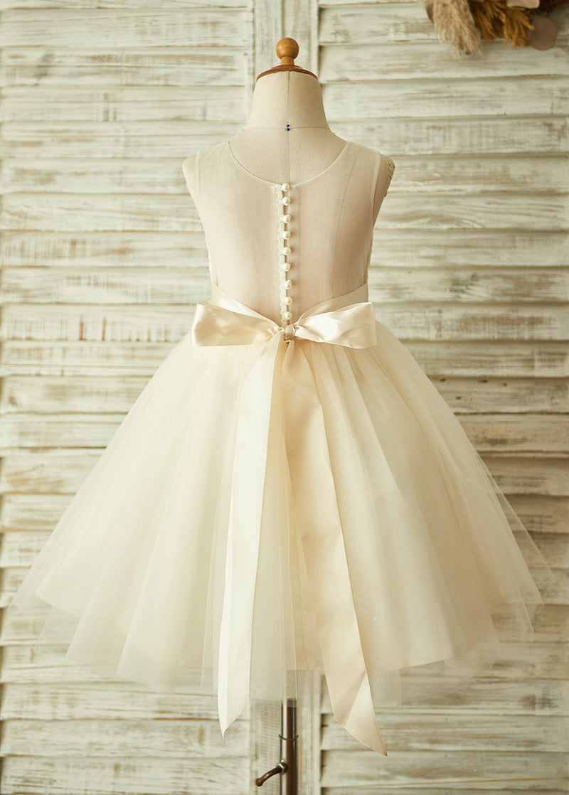 Tea-Length Lace and Tulle Flower Girl Dress with Button Back