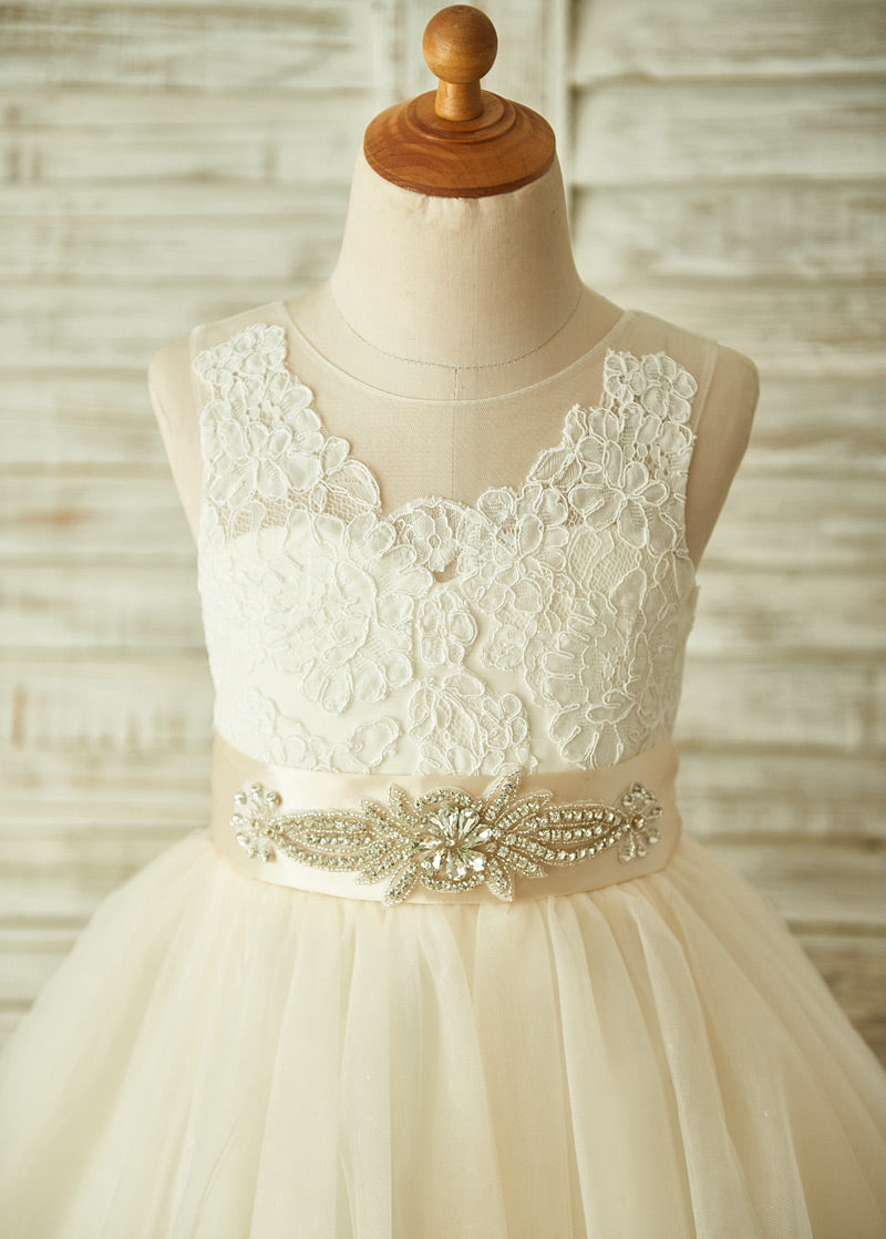 Tea-Length Lace and Tulle Flower Girl Dress with Button Back