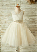 Ivory-Champagne Tea-Length Lace and Tulle Flower Girl Dress with Button Back