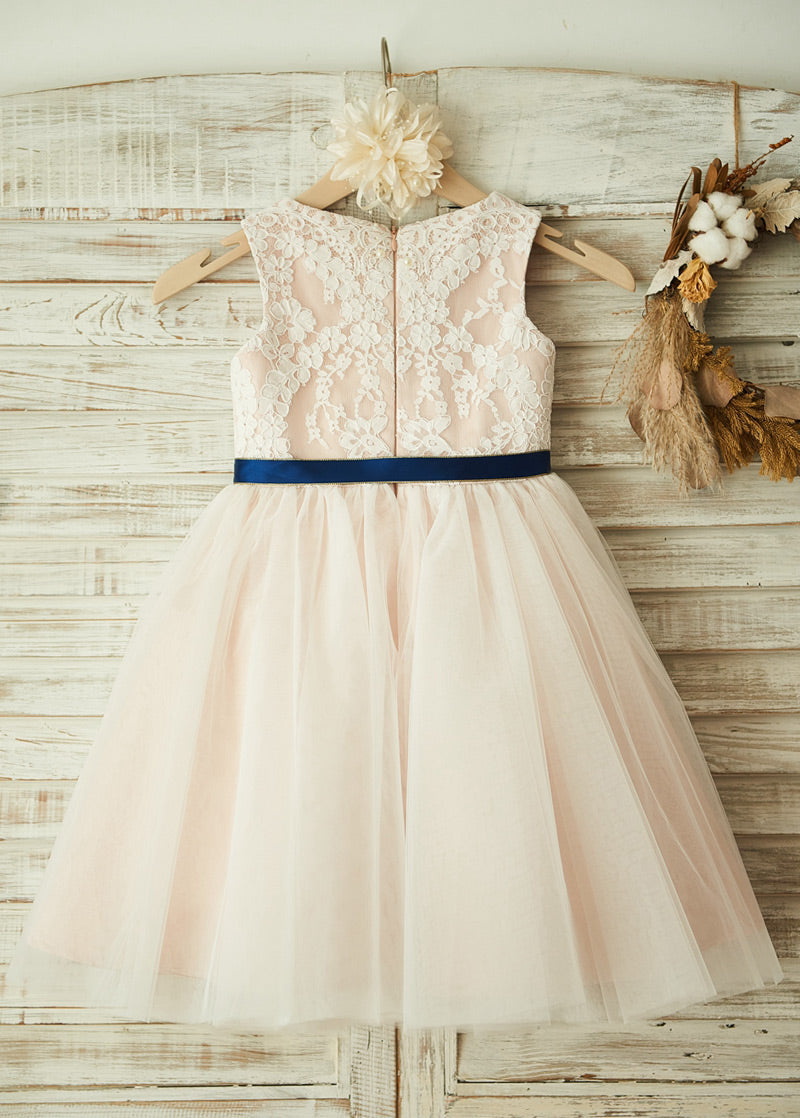 Ribbon-Bow Lace and Tulle A-Line Tea-Length Flower Girl Dress