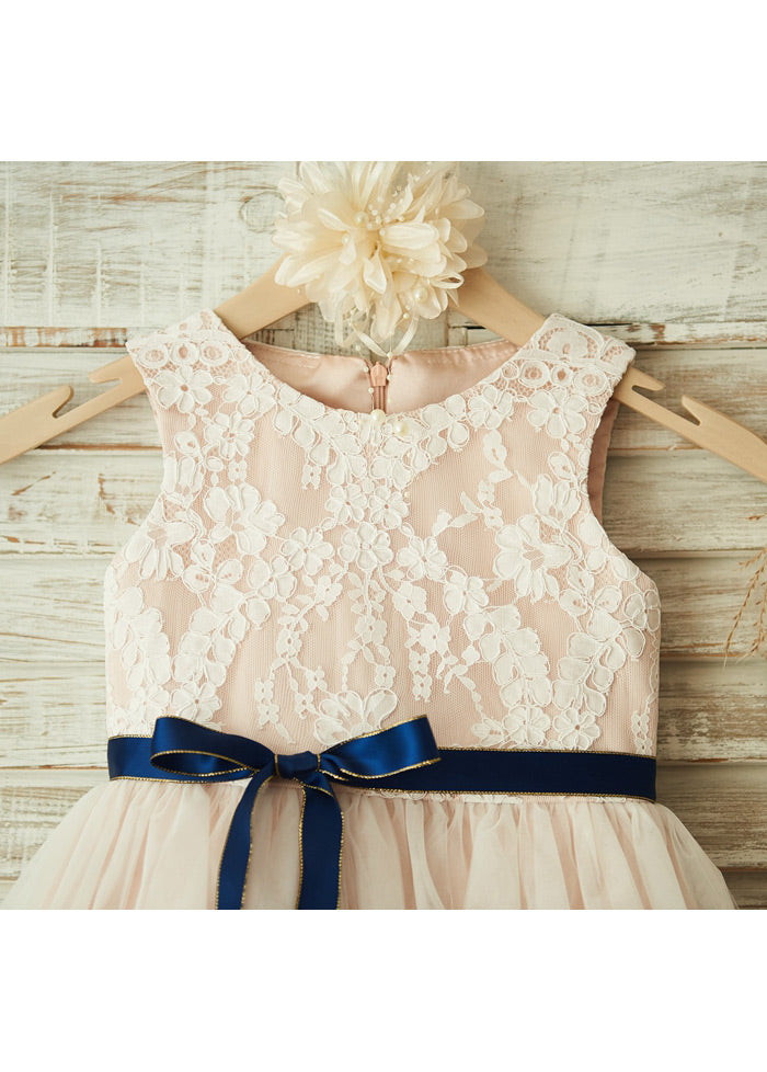 Ribbon-Bow Lace and Tulle A-Line Tea-Length Flower Girl Dress
