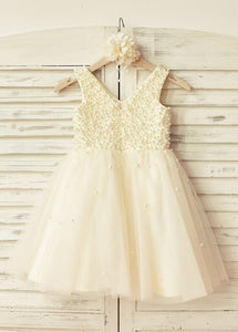 A-Line/Princess V-neck Beading Flower Girl Dresses