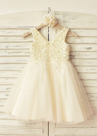 A-Line/Princess V-neck Beading Flower Girl Dresses