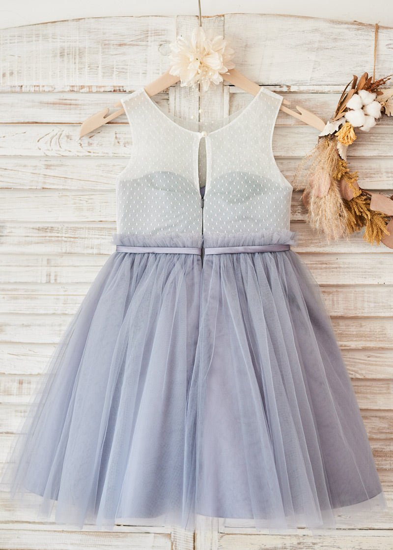 Dotted Illusion-Back Lace and Tulle Tea-Length Flower Girl Dress
