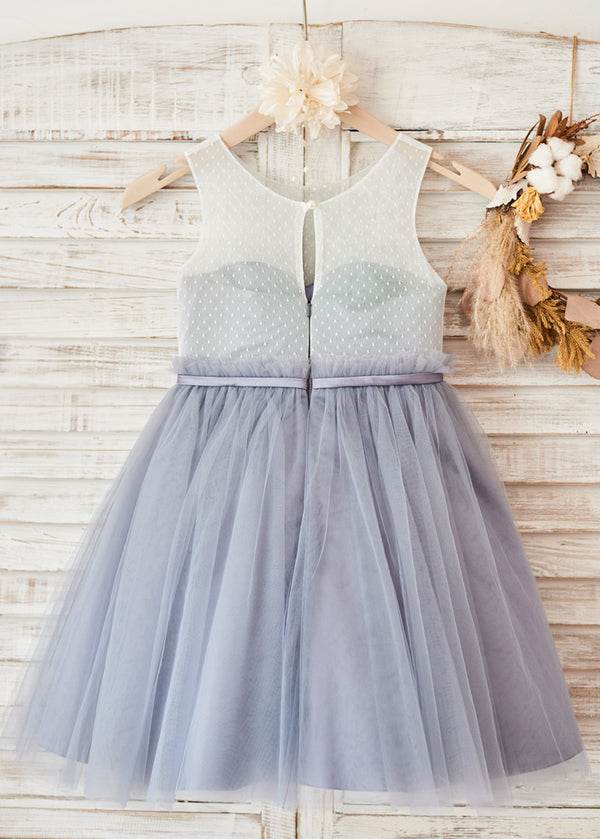 Ivory-Dusty Blue Dotted Illusion-Back Lace and Tulle Tea-Length Flower Girl Dress