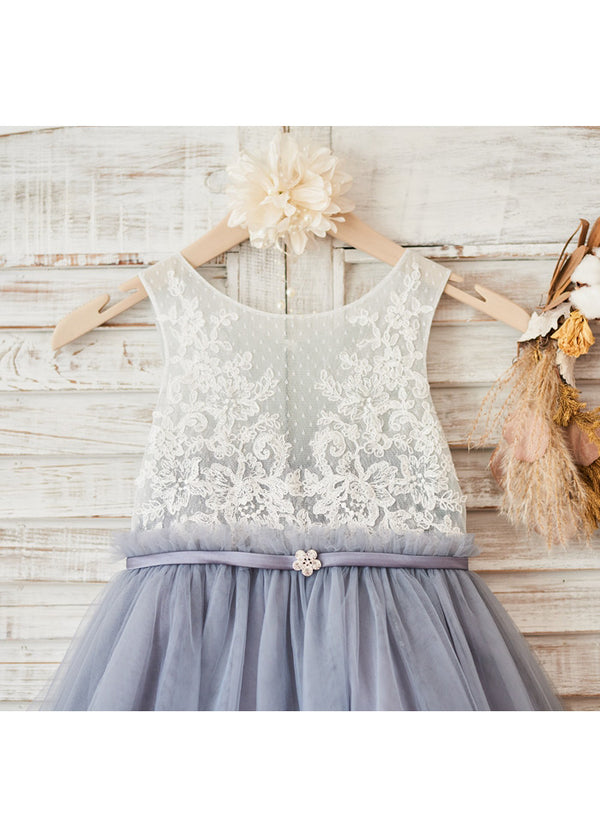 Ivory-Dusty Blue Dotted Illusion-Back Lace and Tulle Tea-Length Flower Girl Dress