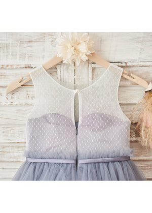 Ivory-Dusty Blue Dotted Illusion-Back Lace and Tulle Tea-Length Flower Girl Dress