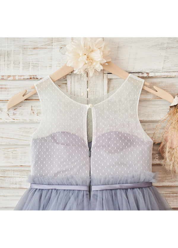 Ivory-Dusty Blue Dotted Illusion-Back Lace and Tulle Tea-Length Flower Girl Dress