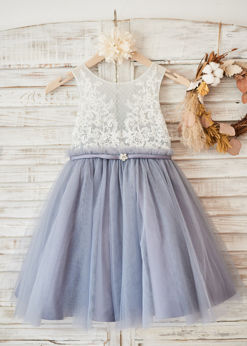 Dotted Illusion-Back Lace and Tulle Tea-Length Flower Girl Dress