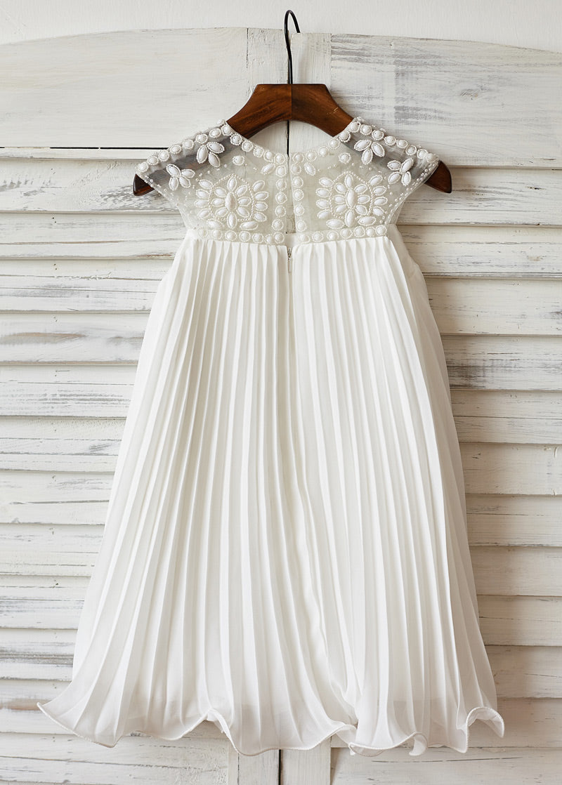 Pleated Chiffon Empire-Waist Flower Girl Dress with Beaded Bodice