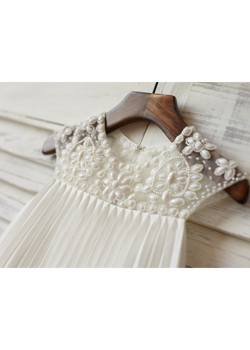 Pleated Chiffon Empire-Waist Flower Girl Dress with Beaded Bodice