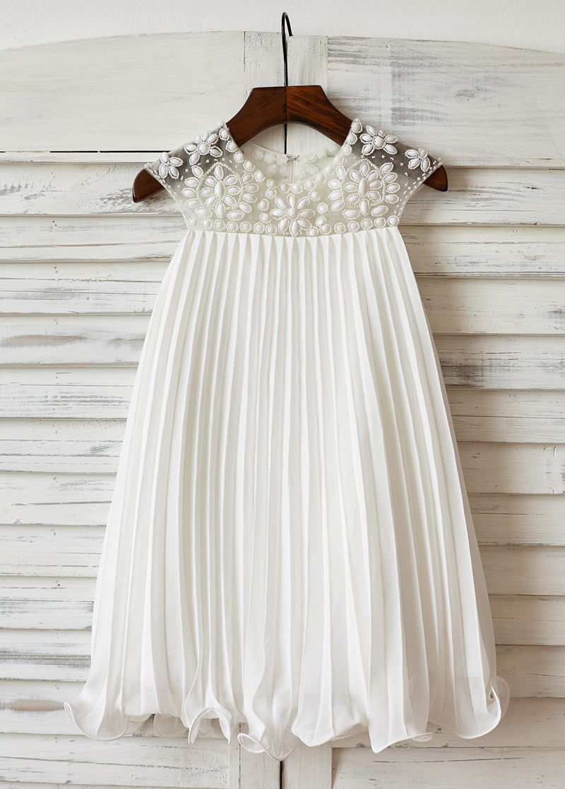 Pleated Chiffon Empire-Waist Flower Girl Dress with Beaded Bodice