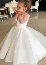 White Scoop Neck  Appliques Lace Flower Girl Dresse