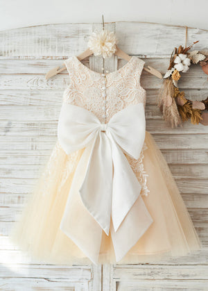 Ivory-Butter Yellow Tea-Length Lace and Tulle Flower Girl Dress with Button Back and Bow