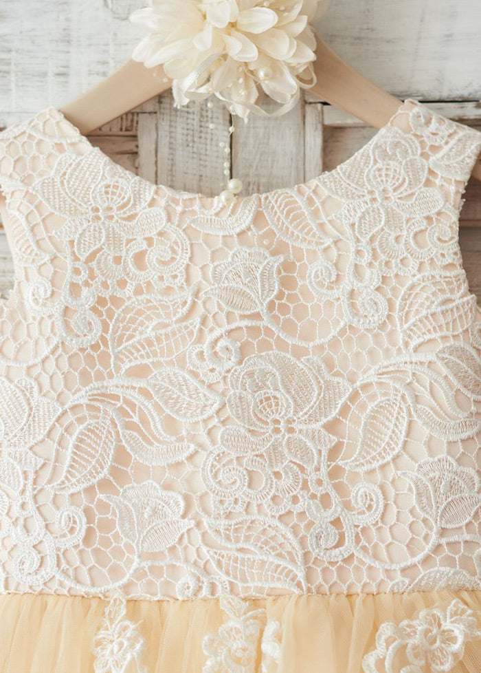 Tea-Length Lace and Tulle Flower Girl Dress with Button Back and Bow