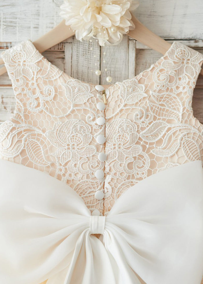 Tea-Length Lace and Tulle Flower Girl Dress with Button Back and Bow
