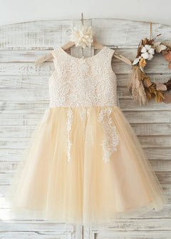 Ivory-Butter Yellow Tea-Length Lace and Tulle Flower Girl Dress with Button Back and Bow