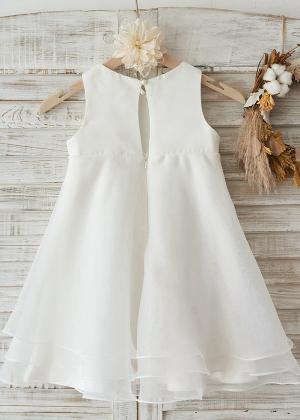 Tea-Length Tiered Tulle A-Line Flower Girl Dress with Front Bow