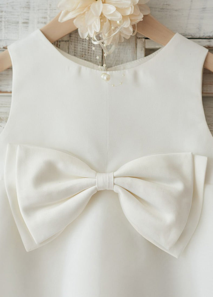 Tea-Length Tiered Tulle A-Line Flower Girl Dress with Front Bow