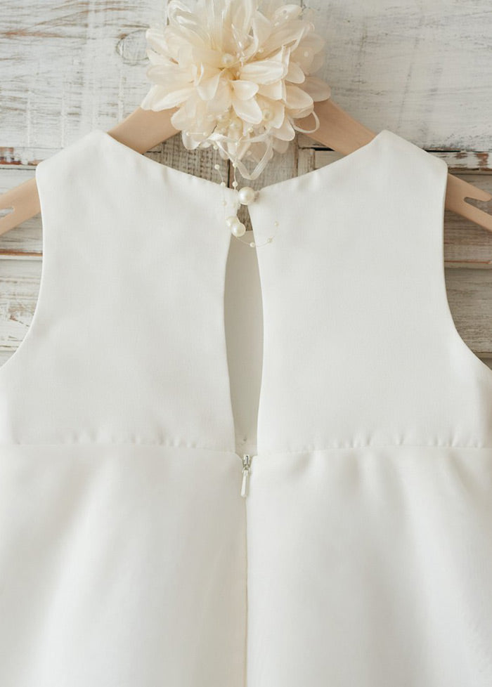 Tea-Length Tiered Tulle A-Line Flower Girl Dress with Front Bow