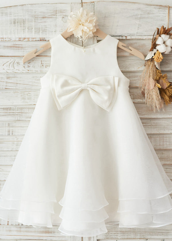Tea-Length Tiered Tulle A-Line Flower Girl Dress with Front Bow