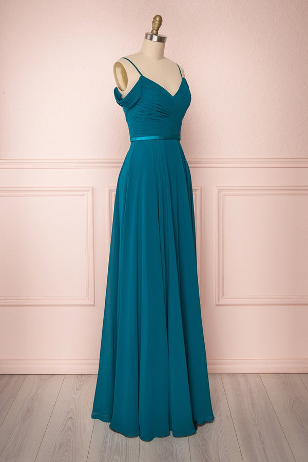 Peacock Ruched Cold-Shoulder Chiffon A-Line Bridesmaid Dress