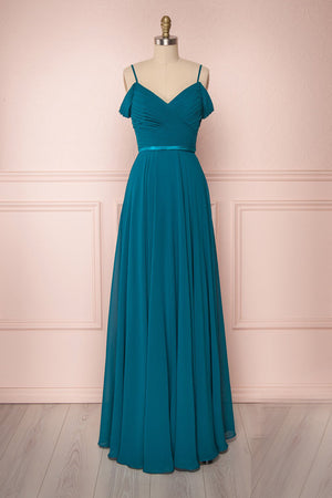 Peacock Ruched Cold-Shoulder Chiffon A-Line Bridesmaid Dress