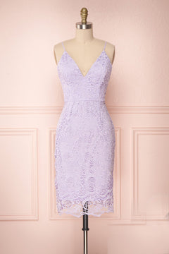 Lilac Short Lace Sheath Cocktail Dress with Open Back