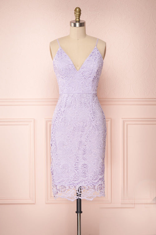 Lilac Short Lace Sheath Cocktail Dress with Open Back