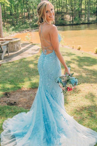Trumpet/Mermaid Spaghetti Straps Lace Long Prom Dresses