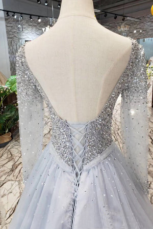 Long Sleeves Beading V-neck Tulle Prom Dresses