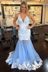 V-neck Prom Dresses Appliques Lace Tulle Prom Dresses