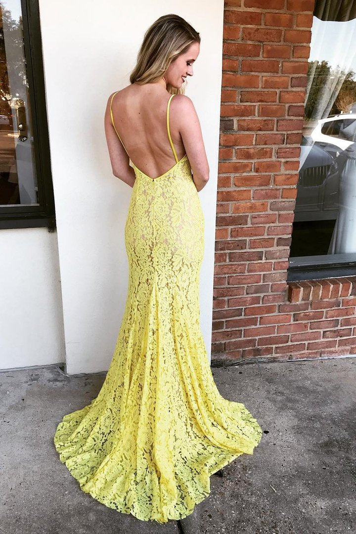 Lace V-neck Spaghetti Straps Prom Dresses