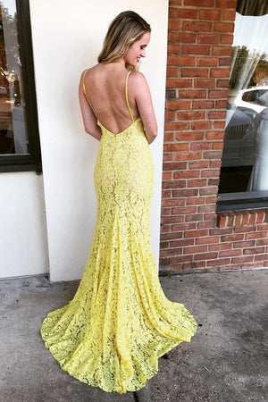 Lace V-neck Spaghetti Straps Prom Dresses