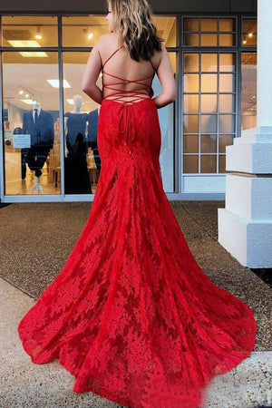 Red Sweep Train Lace Trumpet/Mermaid Prom Dresses