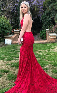 Red Sweep Train Lace Trumpet/Mermaid Prom Dresses