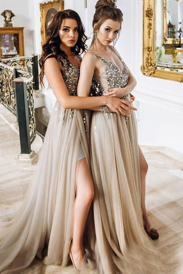 Sweep Train Sequined  V-neck Tulle Prom Dresses 2019