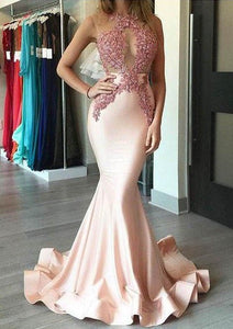 Trumpet/Mermaid Appliques Lace Satin Prom Dresses