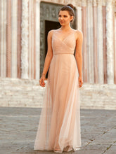 Tulle Sleeveless V-neck Long Prom Dresses