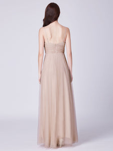 Tulle Sleeveless V-neck Long Prom Dresses
